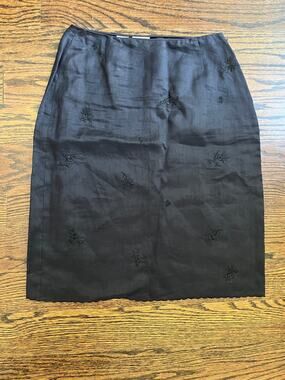 DKNY VTG Black 100% rami Floral Embroidered Pencil Knee Length Skirt Size 2